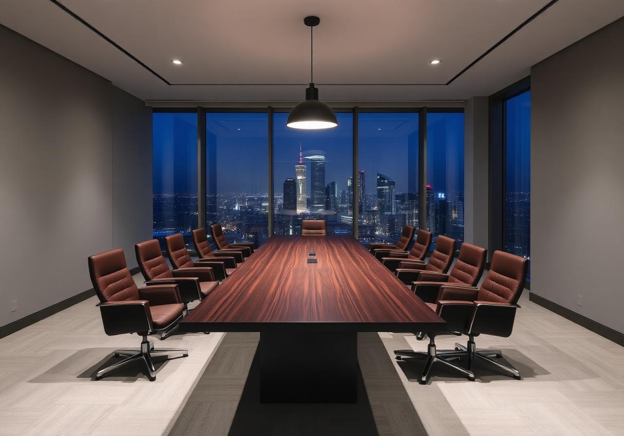 N3wera Consulting — business formation, operations & growth Executive boardroom with brushed-metal table and panoramic city skyline view — N3wera Consulting business strategy and operations.