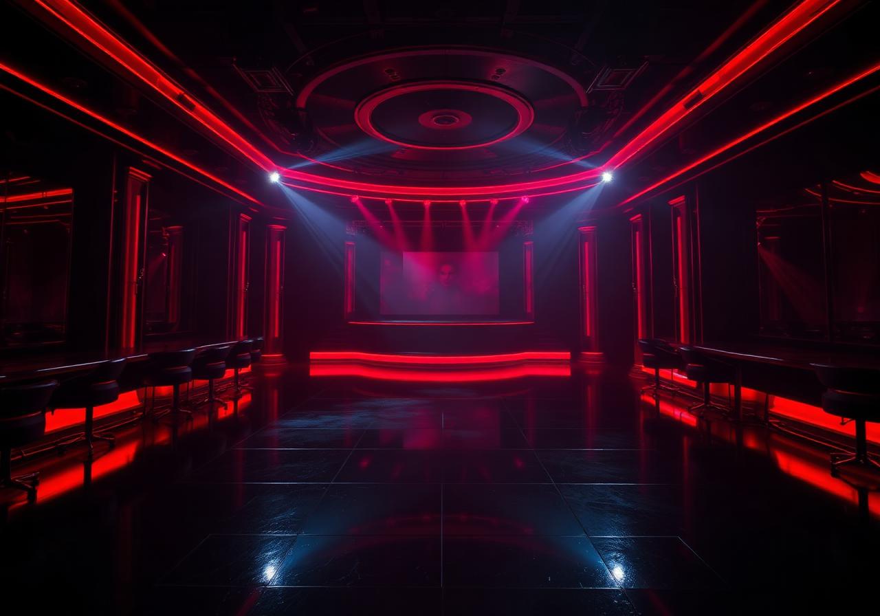 N3wera Events — festivals, nightlife & cultural experiences Empty luxury nightclub stage bathed in deep red and chrome lighting — N3wera Events festival and nightlife production in Atlanta.