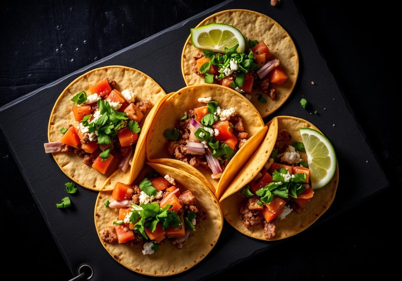 Tipsy Tacos — Atlanta pop-up taco experience & catering Gourmet street tacos plated on dark slate with moody editorial lighting — Tipsy Tacos Atlanta pop-up catering.